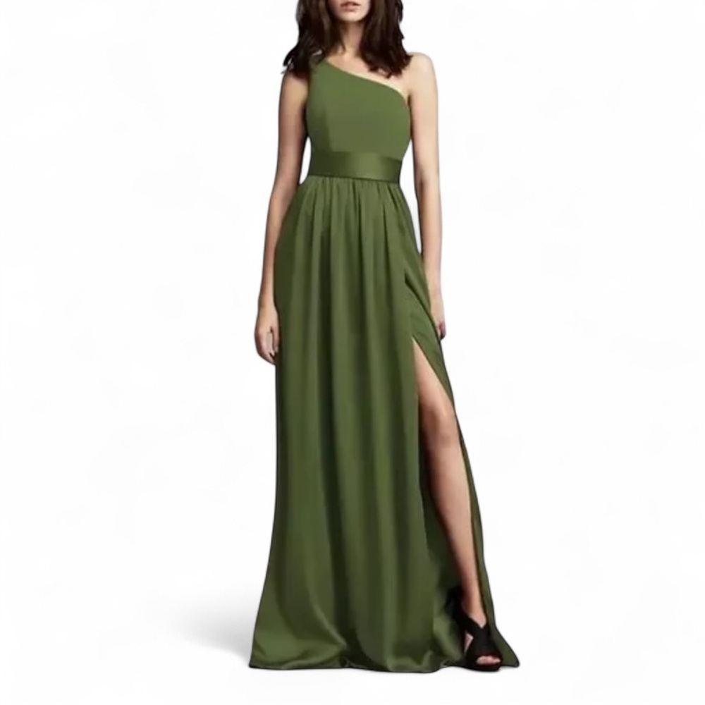 WHITE BY VERA WANG One Shoulder Jersey Satin Trim Bridesmaid Dress in Olive - Picture 1 of 4